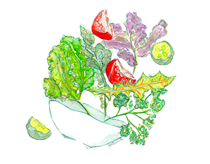 Hand-illustrated salad bowl with tossed mixed greens