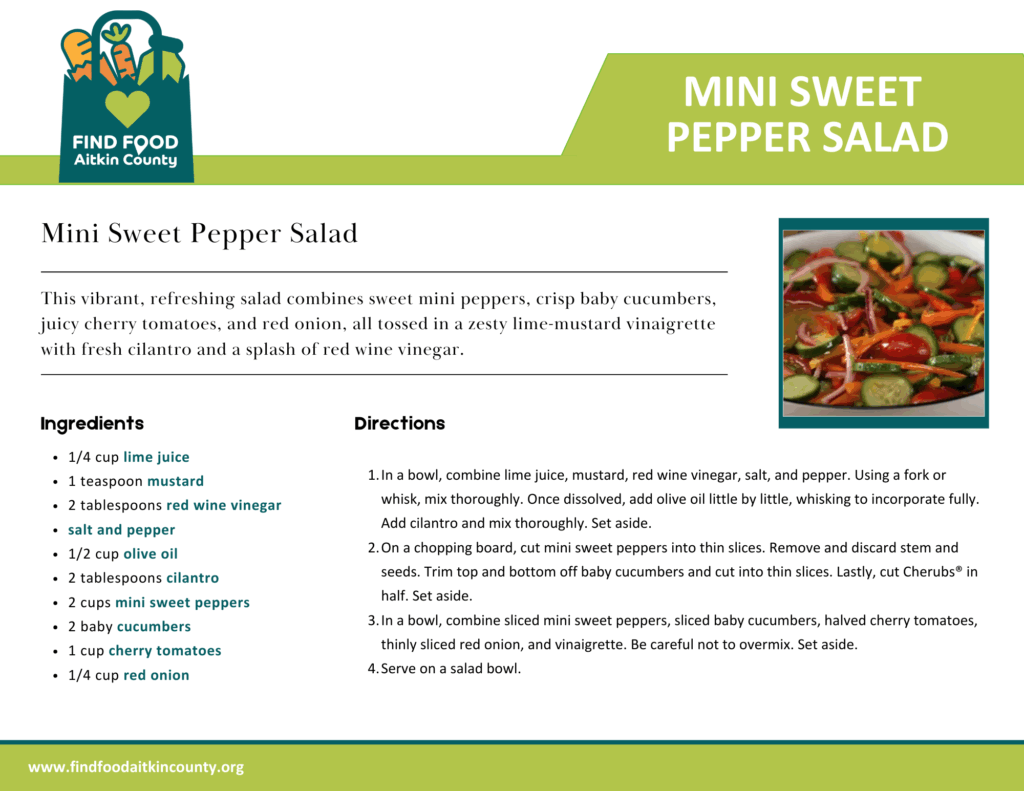 A colorful sweet mini pepper salad served in a bowl, featuring sliced red, yellow, and orange mini peppers. The peppers are thinly cut into rings and mixed with fresh herbs, creating a vibrant, crunchy, and refreshing side dish.